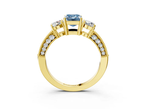 Yellow gold Fancy Blue Emerald Cut Three-Stone Diamond Ring with Pavé Band and Four-Prong Setting_3