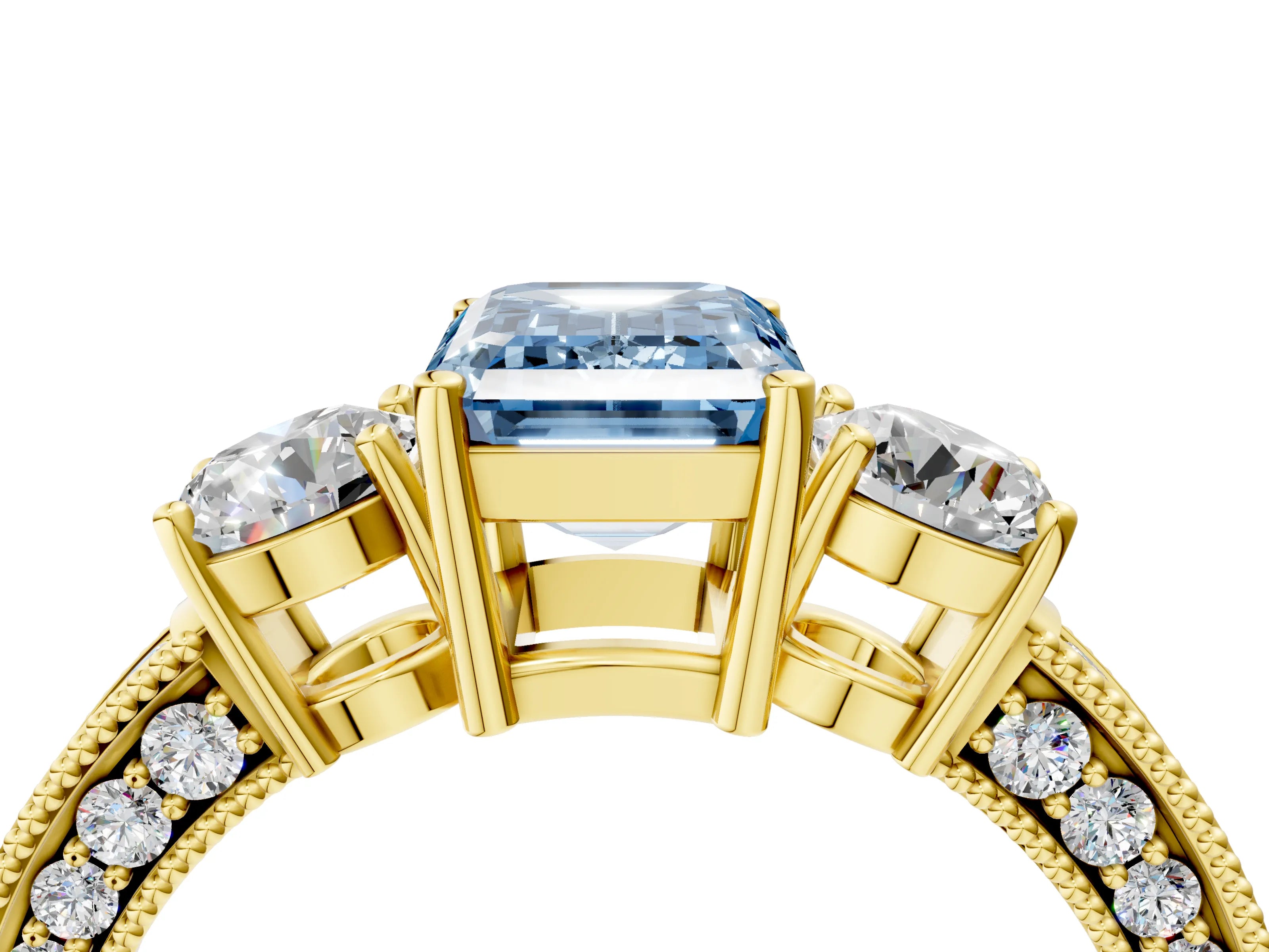 Yellow gold Fancy Blue Emerald Cut Three-Stone Diamond Ring with Pavé Band and Four-Prong Setting_4