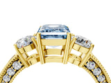 Yellow gold Fancy Blue Emerald Cut Three-Stone Diamond Ring with Pavé Band and Four-Prong Setting_4