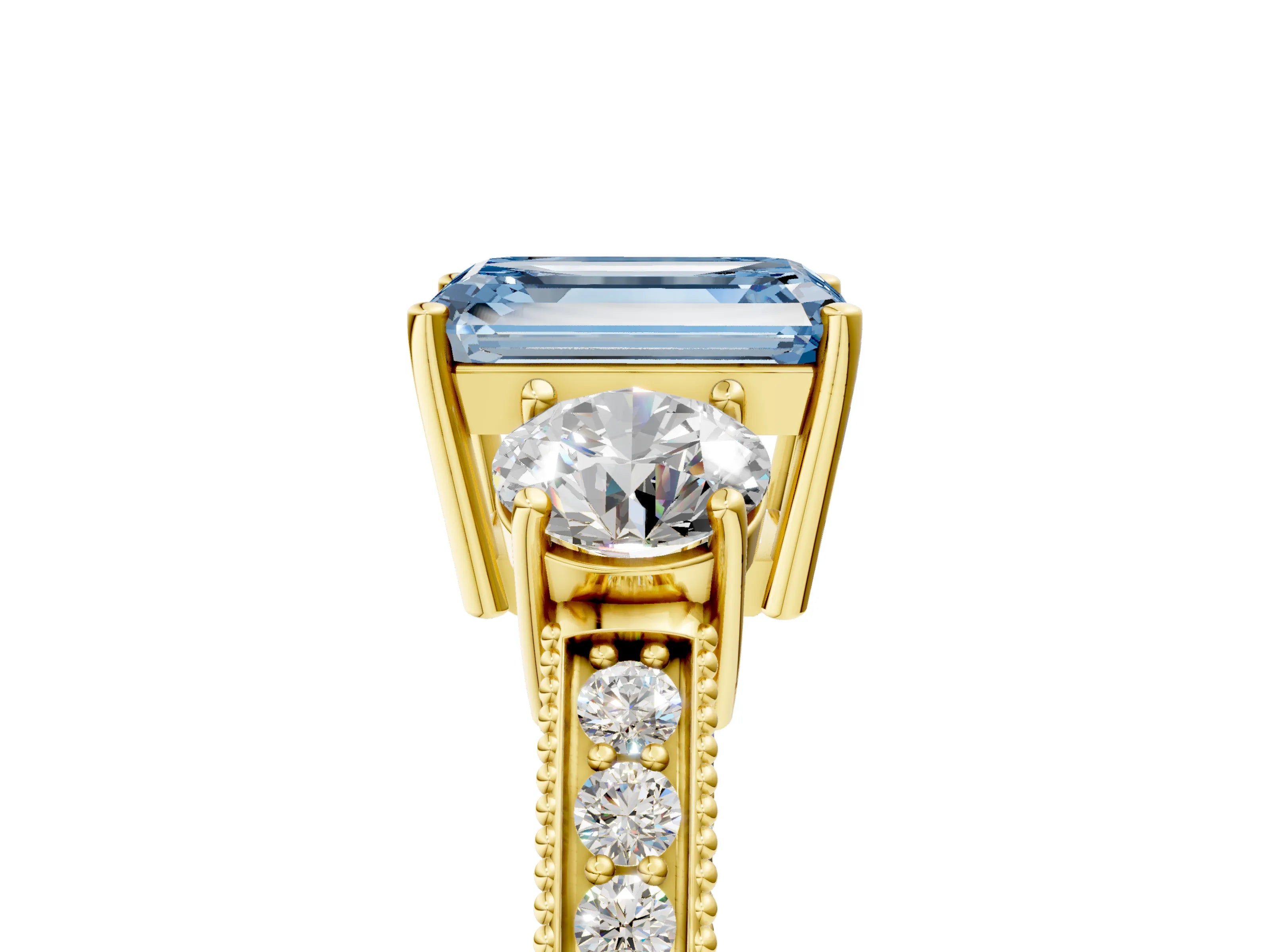 Yellow gold Fancy Blue Emerald Cut Three-Stone Diamond Ring with Pavé Band and Four-Prong Setting_5