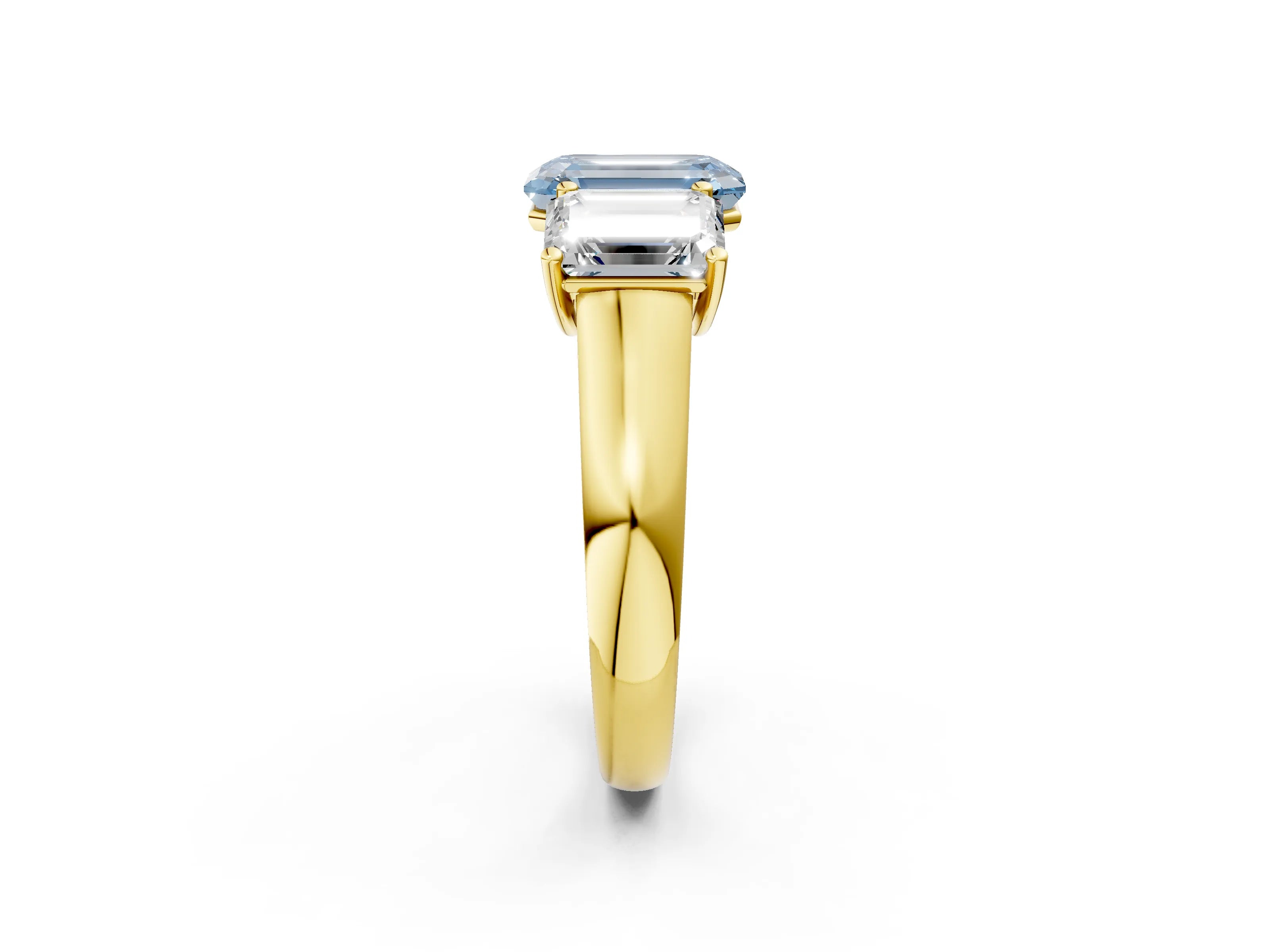 Yellow gold Fancy Blue Emerald Cut Three-Stone Diamond Ring with Prong Setting on a Classic Band_2