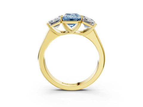 Yellow gold Fancy Blue Emerald Cut Three-Stone Diamond Ring with Prong Setting on a Classic Band_3