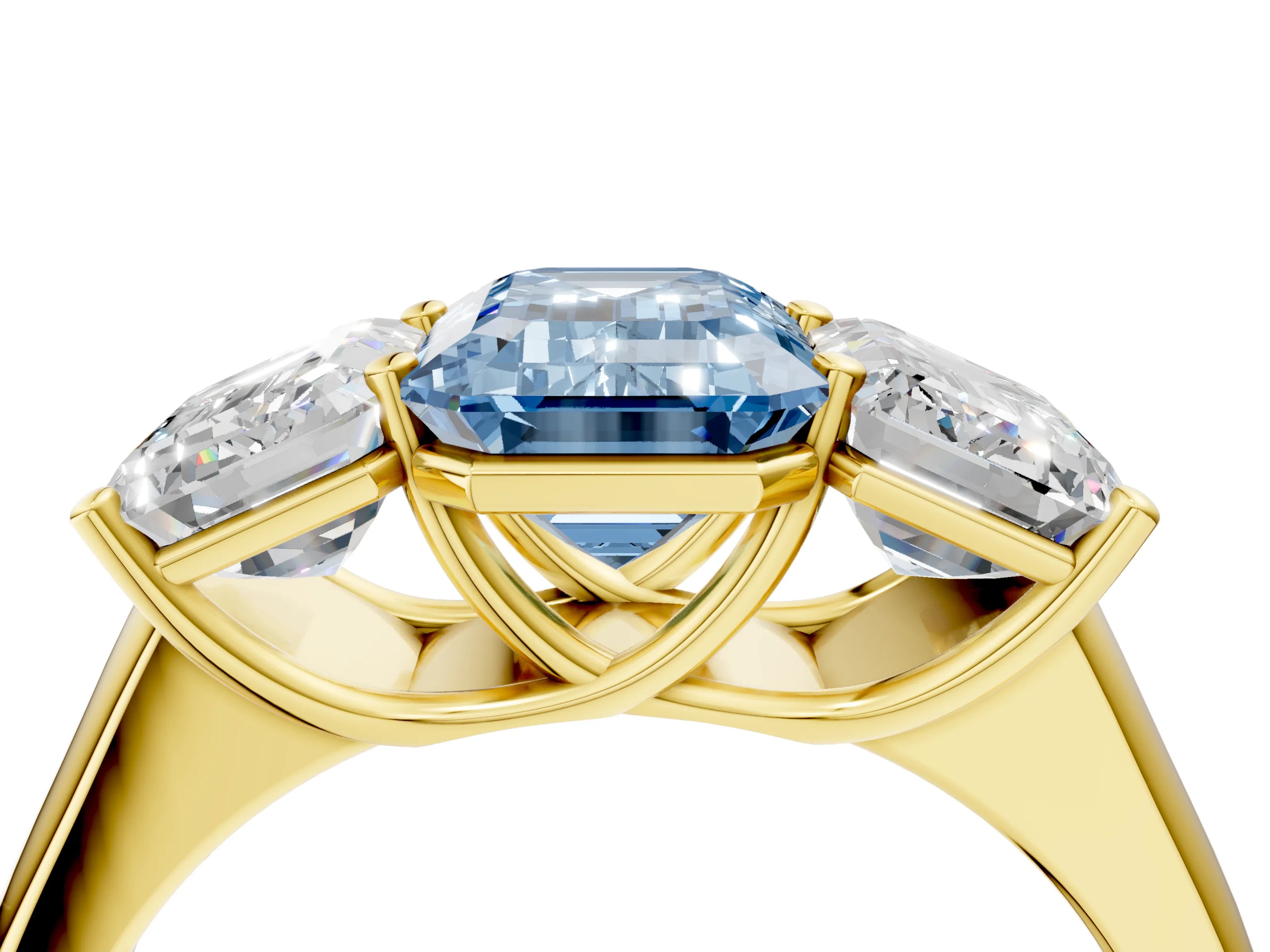 Yellow gold Fancy Blue Emerald Cut Three-Stone Diamond Ring with Prong Setting on a Classic Band_4