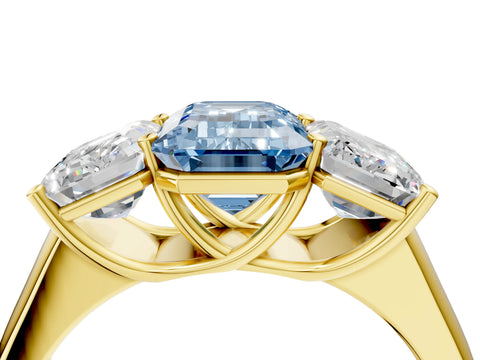 Yellow gold Fancy Blue Emerald Cut Three-Stone Diamond Ring with Prong Setting on a Classic Band_4