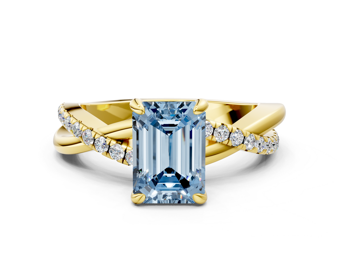 Yellow gold Fancy Blue Emerald  Cut Twist Band Solitaire Diamond Ring with Pavé Setting_3