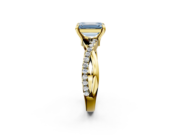 Yellow gold Fancy Blue Emerald  Cut Twist Band Solitaire Diamond Ring with Pavé Setting