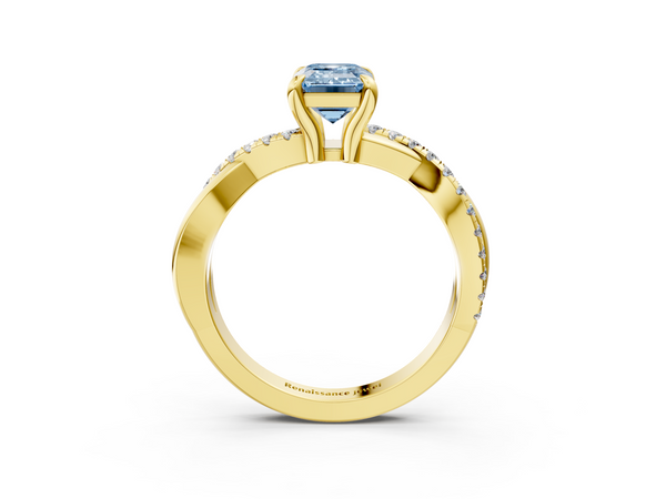 Yellow gold Fancy Blue Emerald  Cut Twist Band Solitaire Diamond Ring with Pavé Setting
