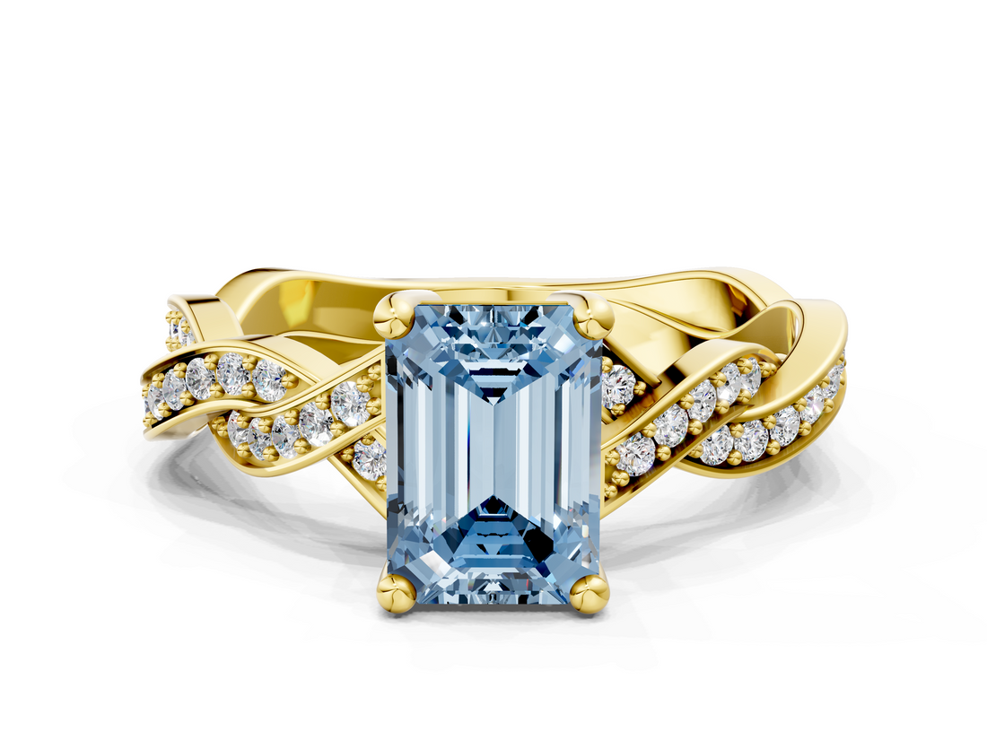 Yellow gold Fancy Blue Emerald  Cut Twisted Pavé Band Solitaire Ring with Four-Prong Setting_56