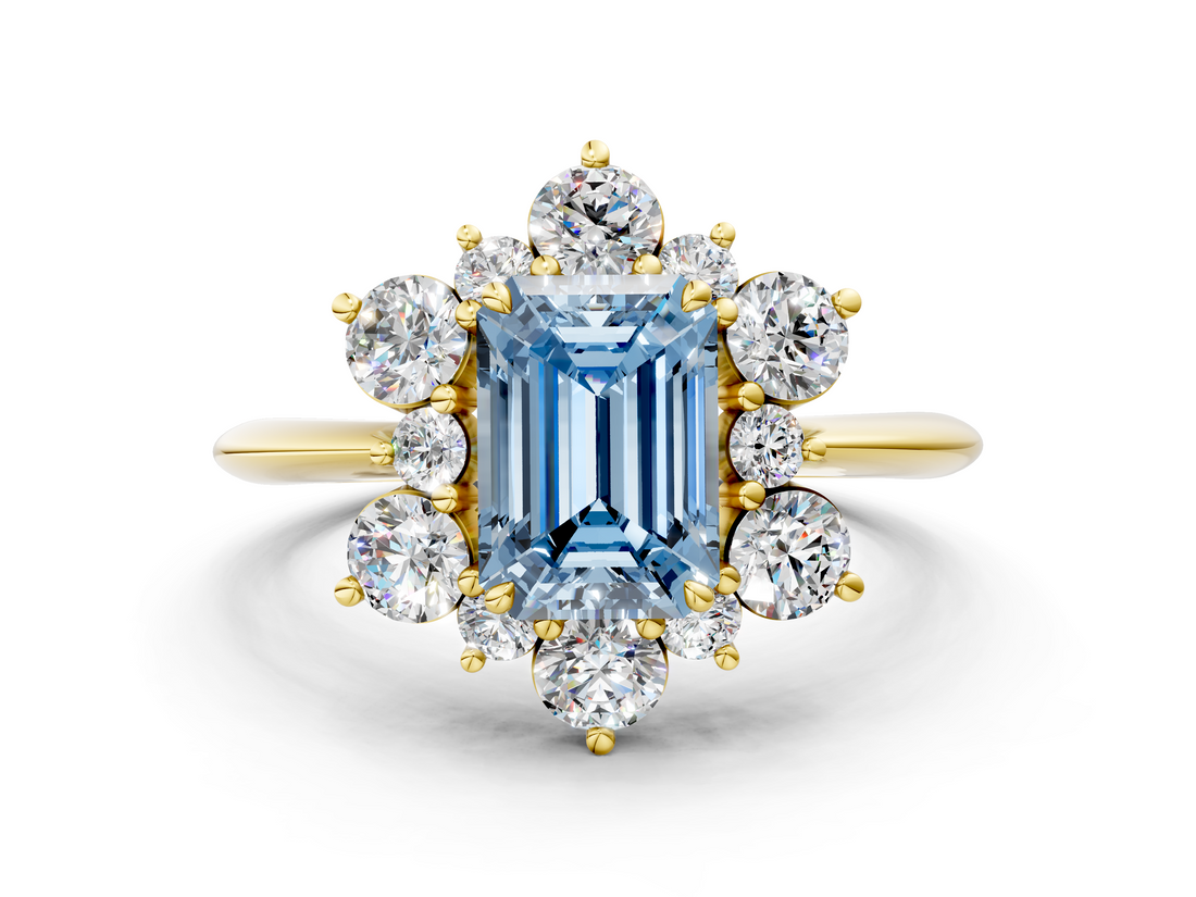 Yellow gold Fancy Blue Emerald  Diamond Cluster Halo Ring with Solitaire Band and Four-Prong Setting_20