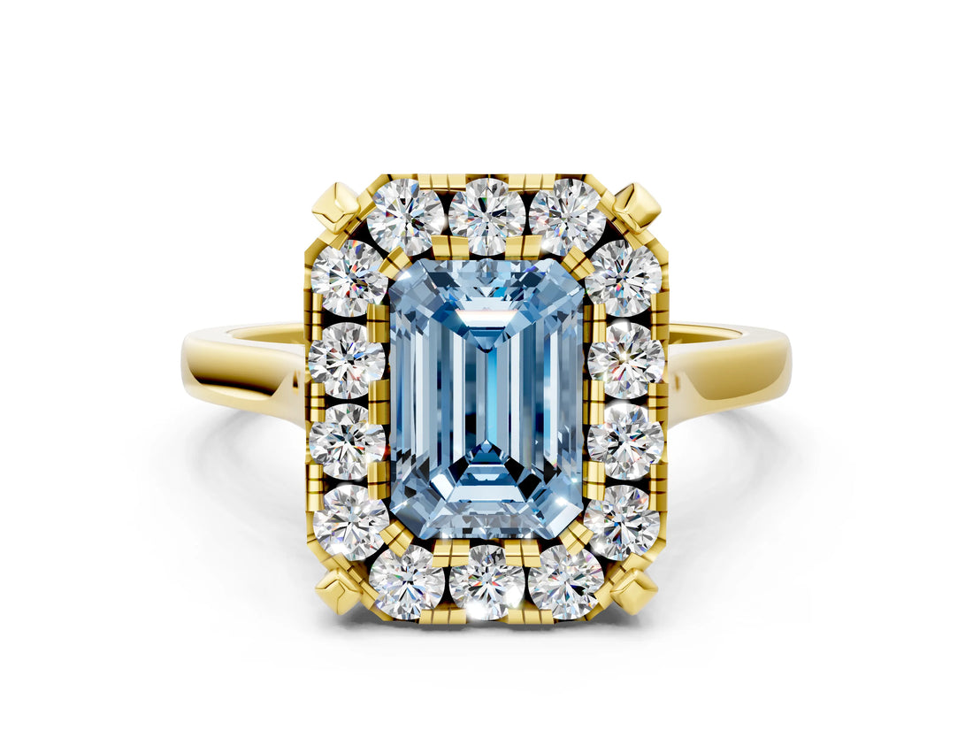 Yellow gold Fancy Blue Emerald  Diamond Cluster Halo Solitaire with Four-Prong Setting_94