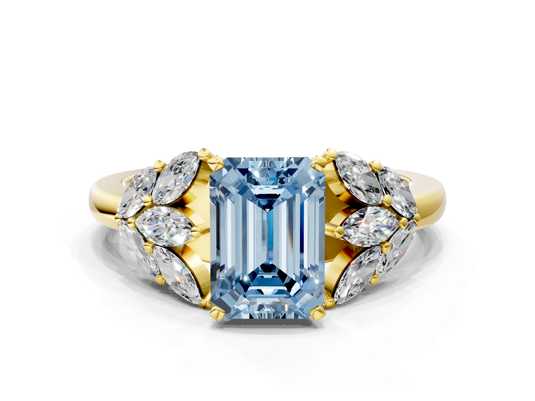 Yellow gold Fancy Blue Emerald  Diamond Cluster Leaf Design Ring with Prong Setting_51