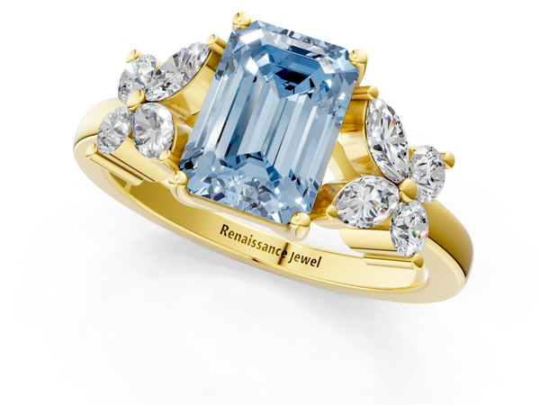 Yellow gold Fancy Blue Emerald  Diamond Floral Cluster Ring with Solitaire Band and Prong Setting