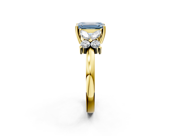 Yellow gold Fancy Blue Emerald  Diamond Floral Cluster Ring with Solitaire Band and Prong Setting