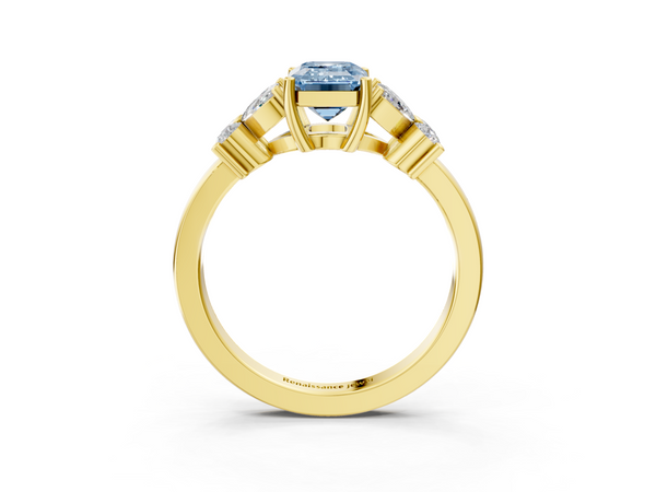 Yellow gold Fancy Blue Emerald  Diamond Floral Cluster Ring with Solitaire Band and Prong Setting