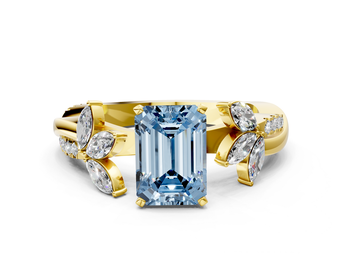 Yellow gold Fancy Blue Emerald  Diamond Floral Vine Solitaire Engagement Ring_3