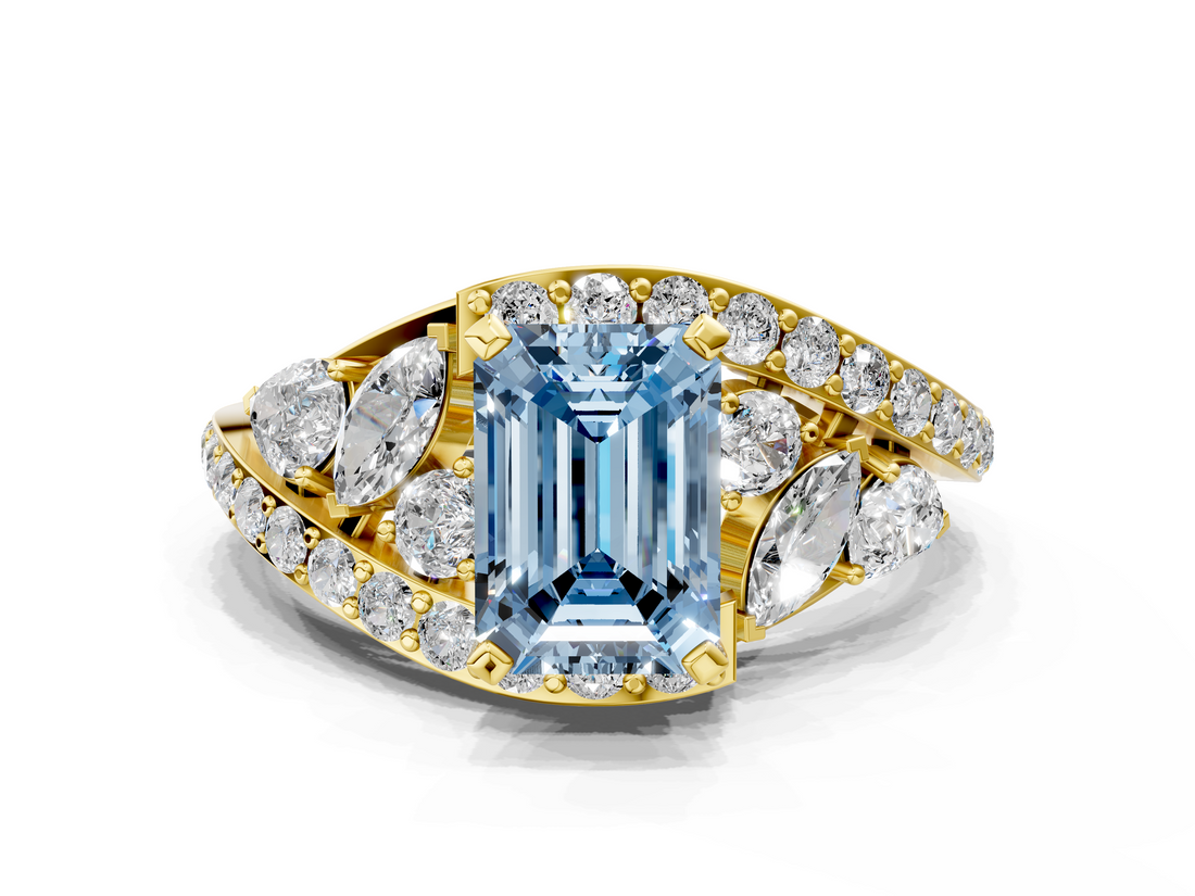 Yellow gold Fancy Blue Emerald  Diamond Halo Ring with Marquise and Pavé Band in Prong Setting_71
