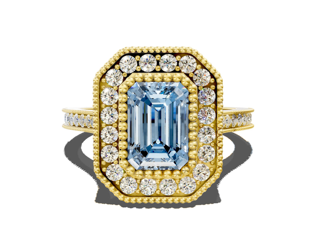 Yellow gold Fancy Blue Emerald  Diamond Halo Ring with Milgrain Frame and Pavé Band_60