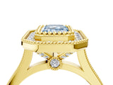 Yellow gold Fancy Blue Emerald  Diamond Halo Ring with Milgrain Frame and Pavé Band_64