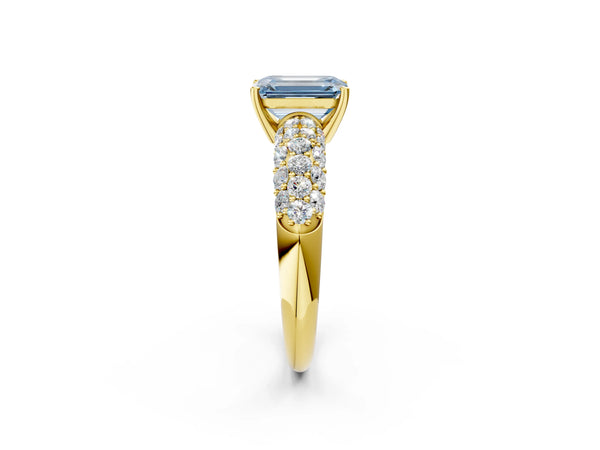 Yellow gold Fancy Blue Emerald  Diamond Pavé Band Solitaire Ring with Four-Prong Setting
