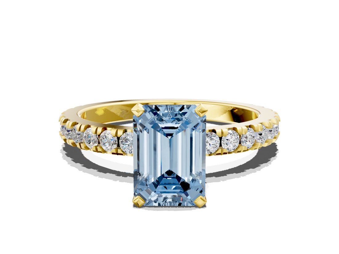 Yellow gold Fancy Blue Emerald  Diamond Pavé Band Solitaire with Four-Prong Setting_201