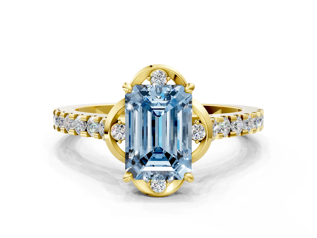 Yellow gold Fancy Blue Emerald  Diamond Pave Band with Floral Prong Setting_27