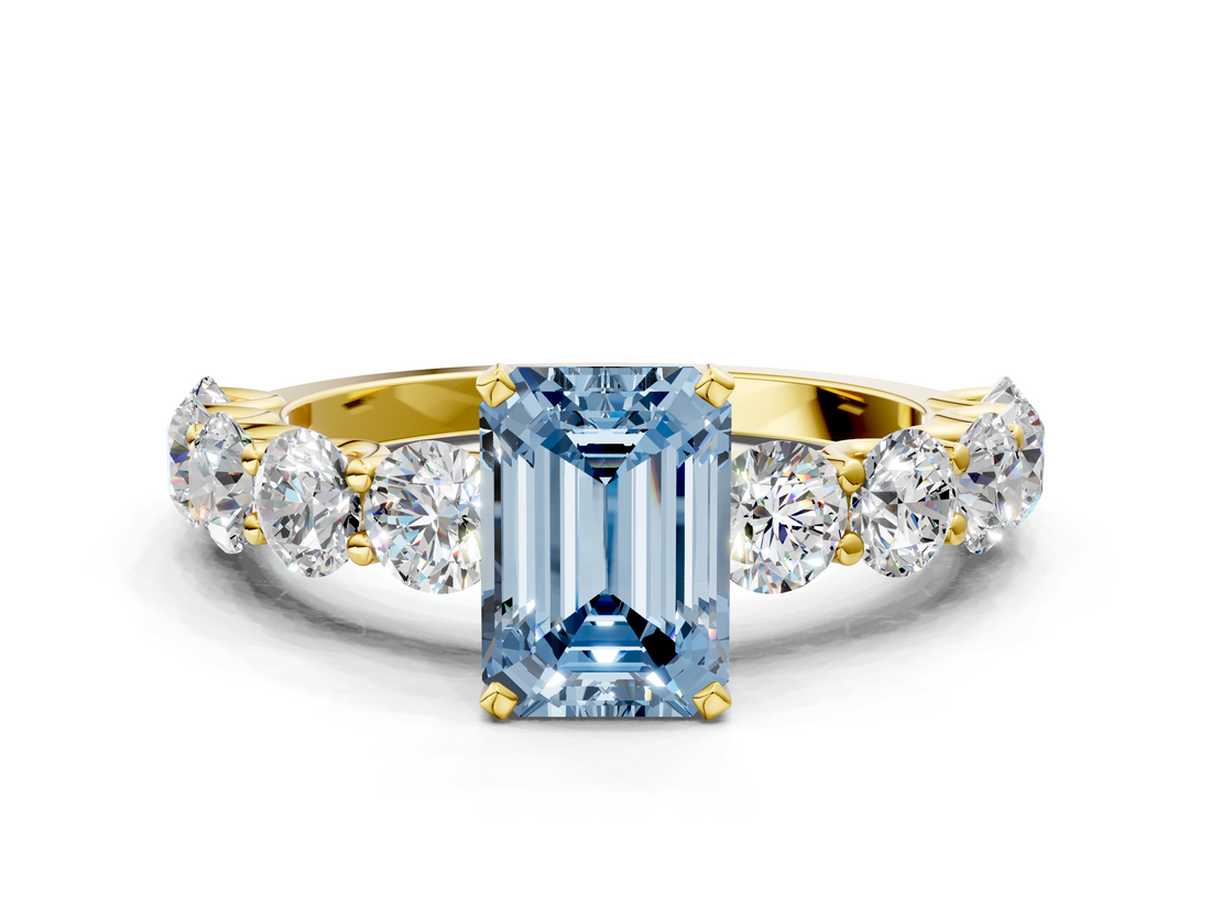Yellow gold Fancy Blue Emerald  Diamond Prong Setting with Side Stones on a Pave Band_141