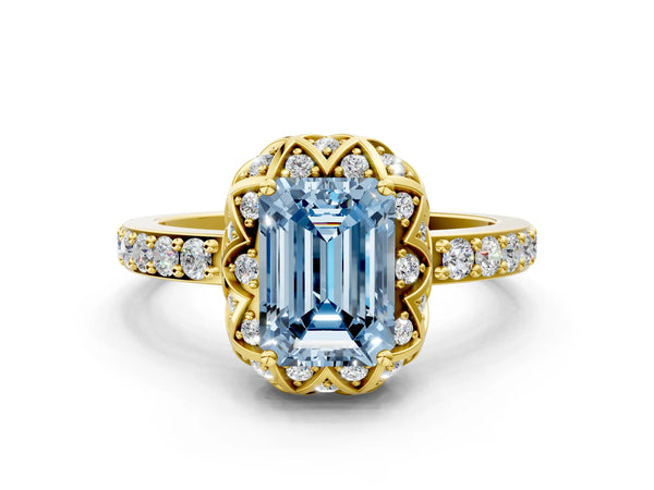 Yellow gold Fancy Blue Emerald  Diamond Solitaire Ring with Shared Prong Pavé Band