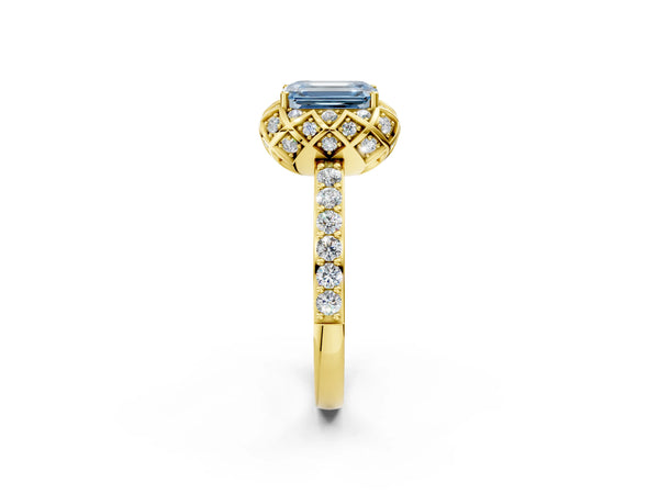 Yellow gold Fancy Blue Emerald  Diamond Solitaire Ring with Shared Prong Pavé Band