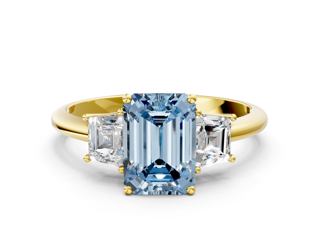 Yellow gold Fancy Blue Emerald  Diamond Three-Stone Ring with Trapezoid Side Stones and Prong Setting_17