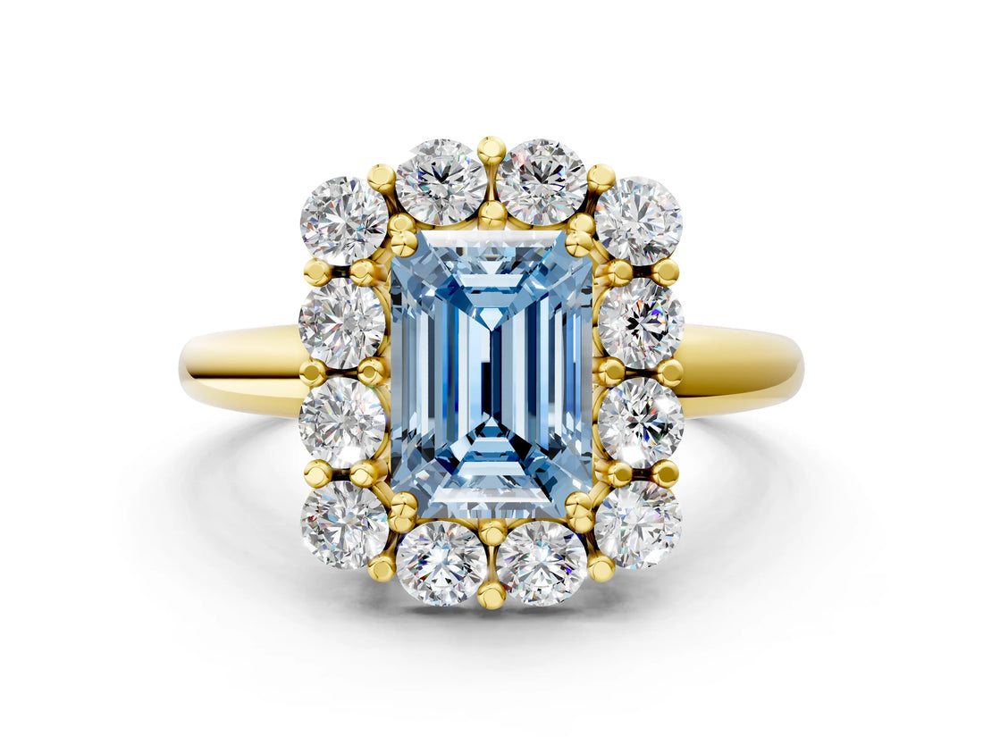 Yellow gold Fancy Blue Emerald  Halo Cluster Diamond Engagement Ring with Prong Setting and Polished Band_51