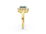 Yellow gold Fancy Blue Emerald  Halo Cluster Diamond Engagement Ring with Prong Setting and Polished Band_53