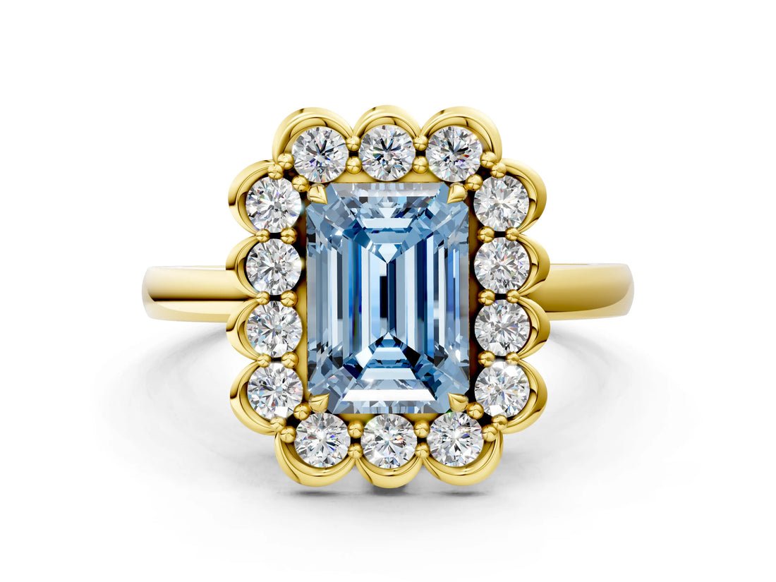 Yellow gold Fancy Blue Emerald  Halo Cluster Diamond Engagement Ring with Solitaire Band and Prong Setting_49
