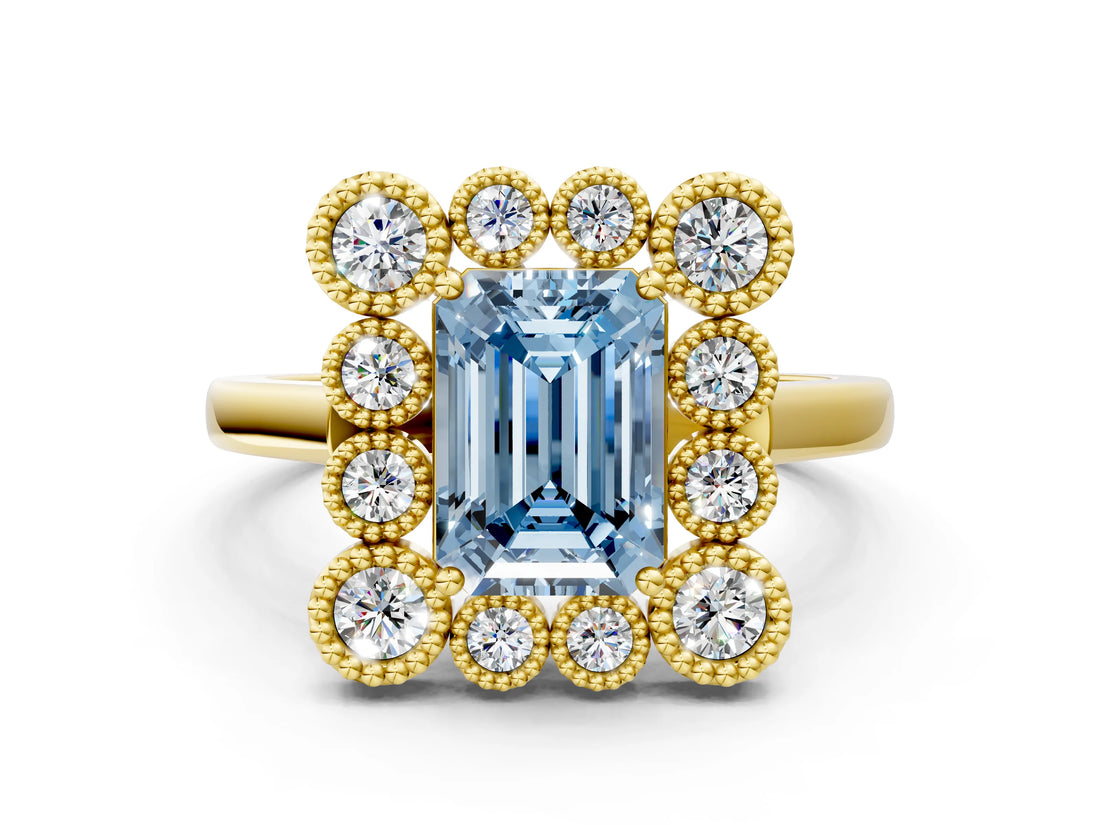 Yellow gold Fancy Blue Emerald  Halo Diamond Cluster Engagement Ring with Milgrain Bezel Setting and Solitaire Band_27