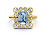 Yellow gold Fancy Blue Emerald  Halo Diamond Cluster Engagement Ring with Milgrain Bezel Setting and Solitaire Band_27