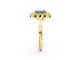 Yellow gold Fancy Blue Emerald  Halo Diamond Cluster Engagement Ring with Milgrain Bezel Setting and Solitaire Band_29