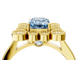 Yellow gold Fancy Blue Emerald  Halo Diamond Cluster Engagement Ring with Milgrain Bezel Setting and Solitaire Band_31