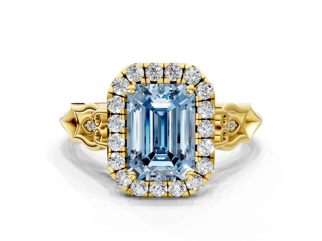 Yellow gold Fancy Blue Emerald  Halo Diamond Engagement Ring with Filigree Band and Four-Prong Setting_81