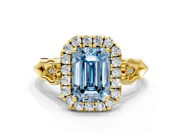 Yellow gold Fancy Blue Emerald  Halo Diamond Engagement Ring with Filigree Band and Four-Prong Setting