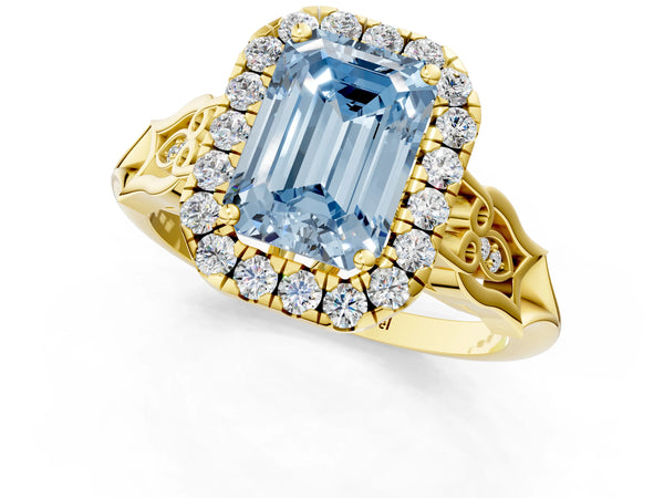Yellow gold Fancy Blue Emerald  Halo Diamond Engagement Ring with Filigree Band and Four-Prong Setting