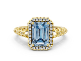Yellow gold Fancy Blue Emerald  Halo Diamond Engagement Ring with Intricate Filigree Band and Four-Prong Setting_37