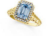 Yellow gold Fancy Blue Emerald  Halo Diamond Engagement Ring with Intricate Filigree Band and Four-Prong Setting_38