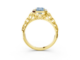 Yellow gold Fancy Blue Emerald  Halo Diamond Engagement Ring with Intricate Filigree Band and Four-Prong Setting_40