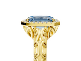 Yellow gold Fancy Blue Emerald  Halo Diamond Engagement Ring with Intricate Filigree Band and Four-Prong Setting_42