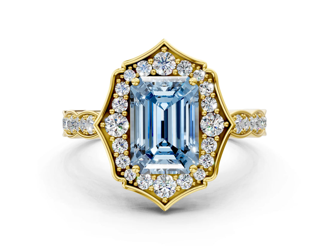 Yellow gold Fancy Blue Emerald  Halo Diamond Engagement Ring with Milgrain Band and Four-Prong Setting_37