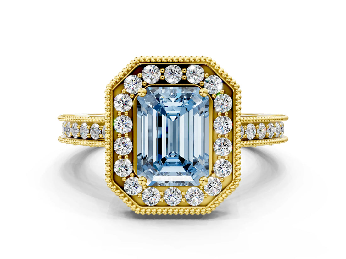 Yellow gold Fancy Blue Emerald  Halo Diamond Engagement Ring with Milgrain Pave Band and Four-Prong Setting_24