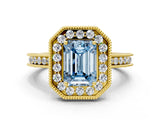 Yellow gold Fancy Blue Emerald  Halo Diamond Engagement Ring with Milgrain Pave Band and Four-Prong Setting_24