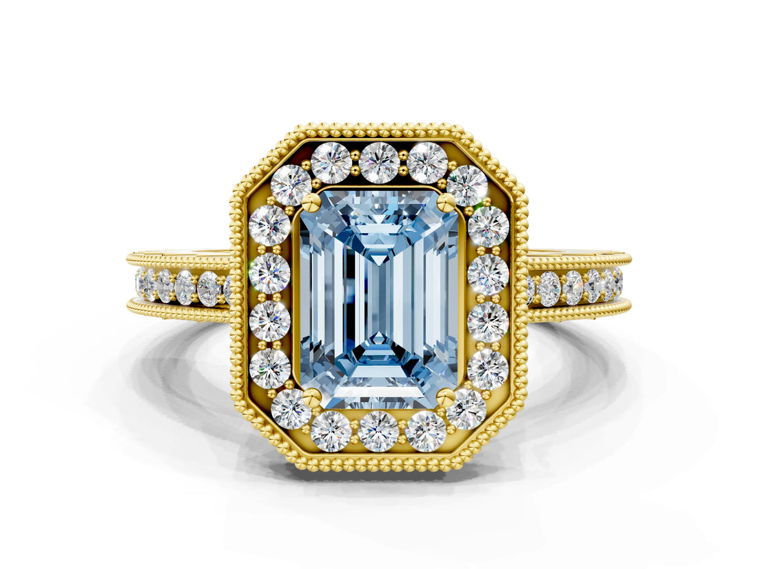 Yellow gold Fancy Blue Emerald  Halo Diamond Engagement Ring with Milgrain Pave Band and Four-Prong Setting_51