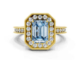 Yellow gold Fancy Blue Emerald  Halo Diamond Engagement Ring with Milgrain Pave Band and Four-Prong Setting_51