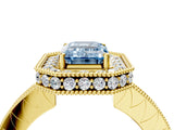 Yellow gold Fancy Blue Emerald  Halo Diamond Engagement Ring with Milgrain Pave Band and Four-Prong Setting_55