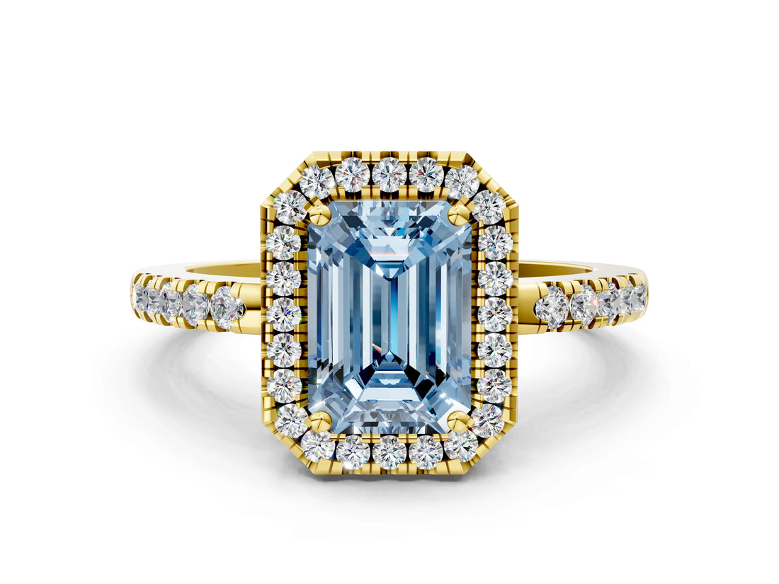 Yellow gold Fancy Blue Emerald  Halo Diamond Engagement Ring with Pavé Band and Four-Prong Setting_57